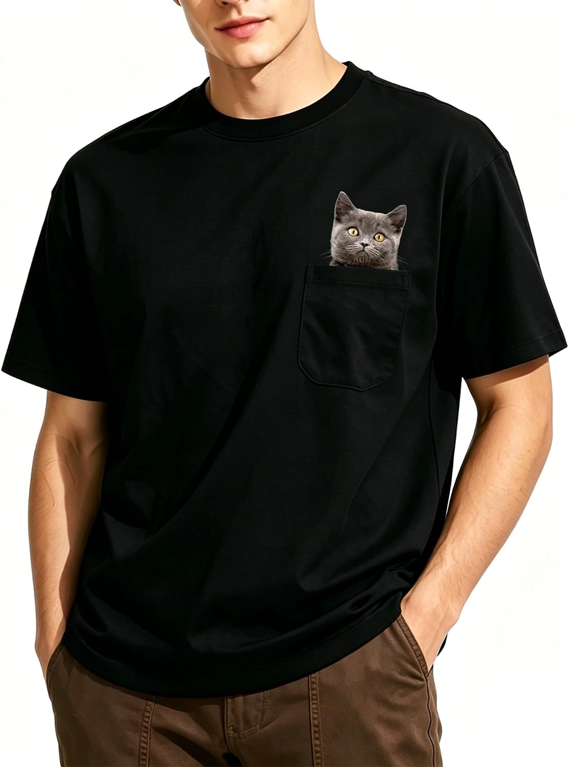 Men's Cat Shirts Cat Pocket T Shirt Medium Weight Funny Tshirts Guys Gift - Cotton-1