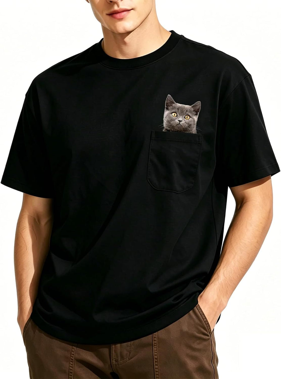 Men's Cat Shirts Cat Pocket T Shirt Medium Weight Funny Tshirts Guys Gift - Cotton-1