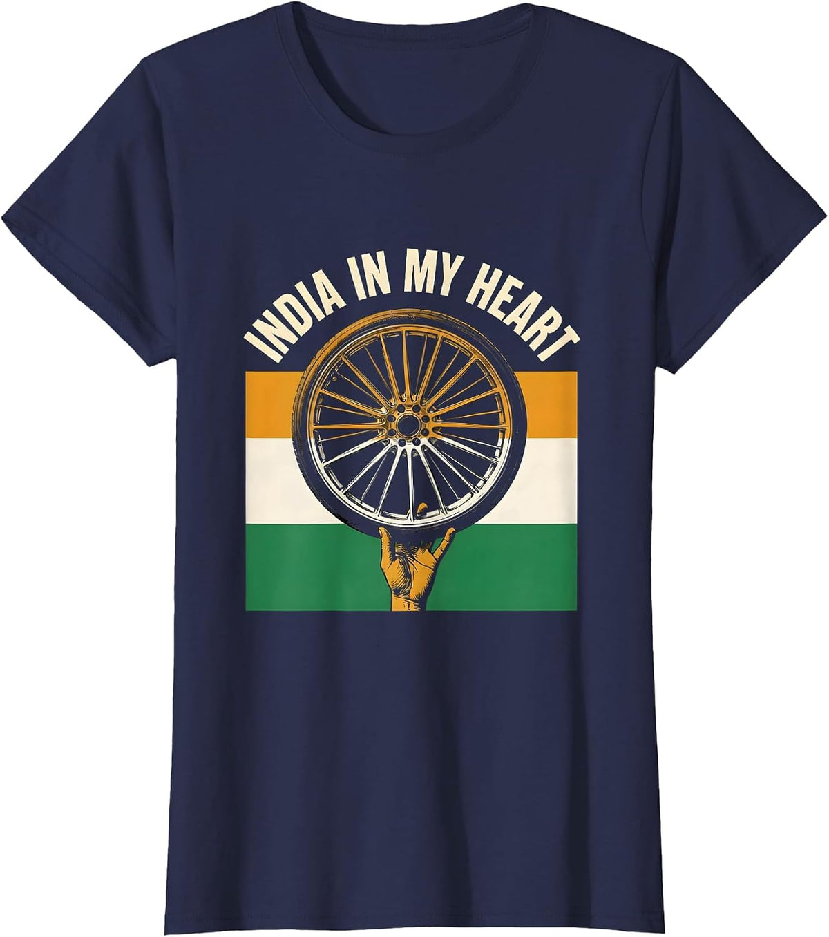 Women's India In My Heart Stencil Tricolor Flag Pride T-Shirt - Navy Blue