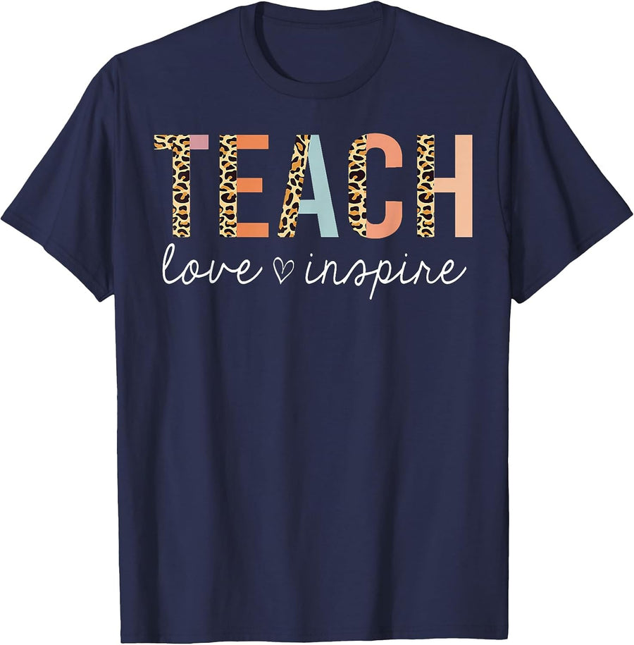 Teach Love Inspire Leopard Back to School Cute Teacher T-Shirt - Navy Blue