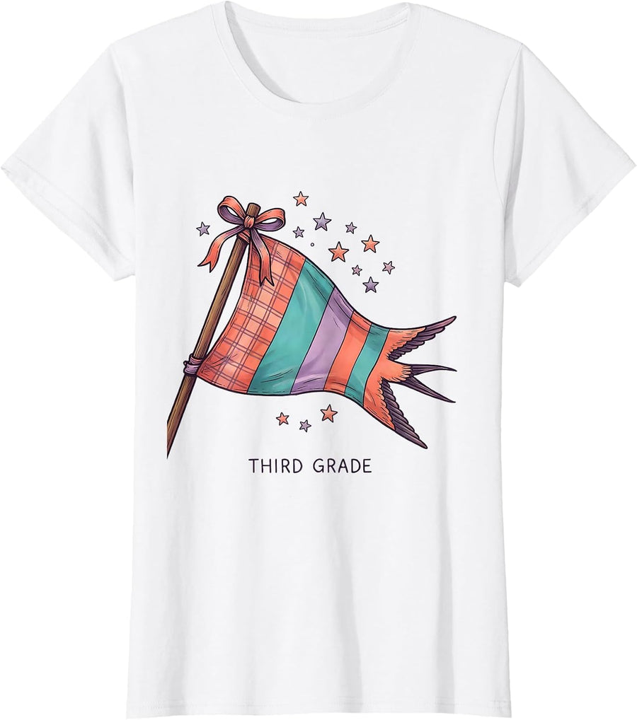 Women's Third Grade Pennant Flag Back To School Girls Teacher T-Shirt - White