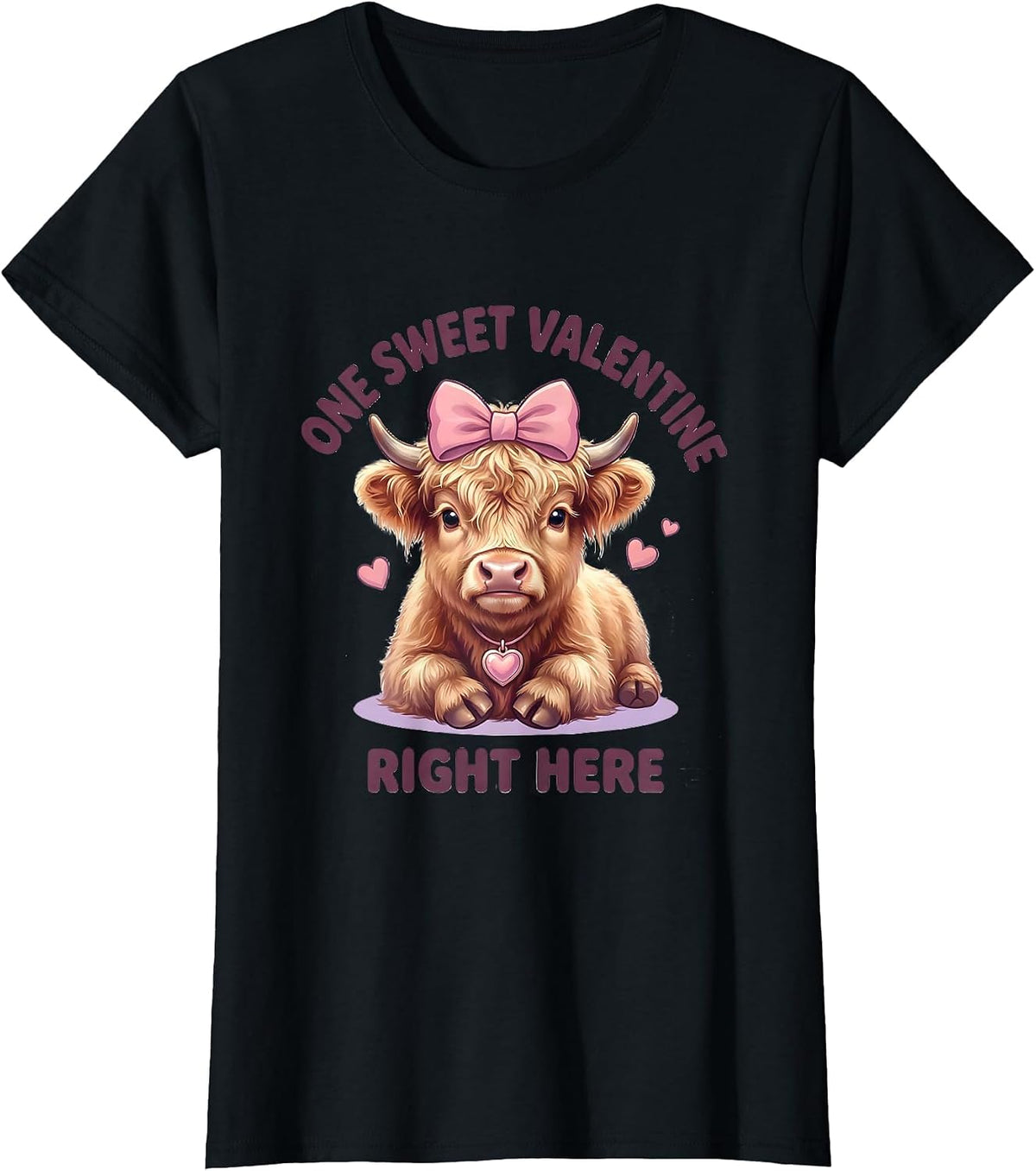 One Sweet Valentine Right Here Cute Kawaii Highland Cow T-Shirt - Black
