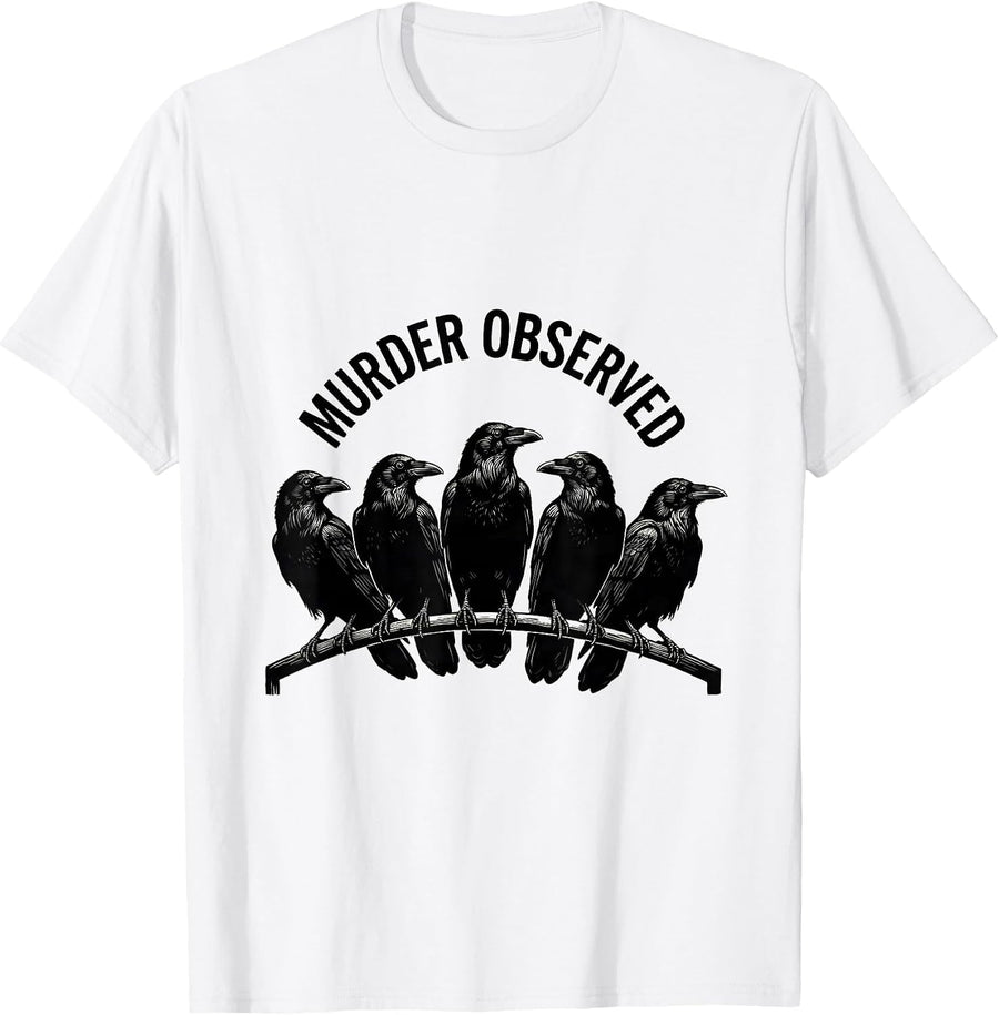 Men's Murder Observed Linocut Crow Raven Dark Humor Gothic Bird T-Shirt - White