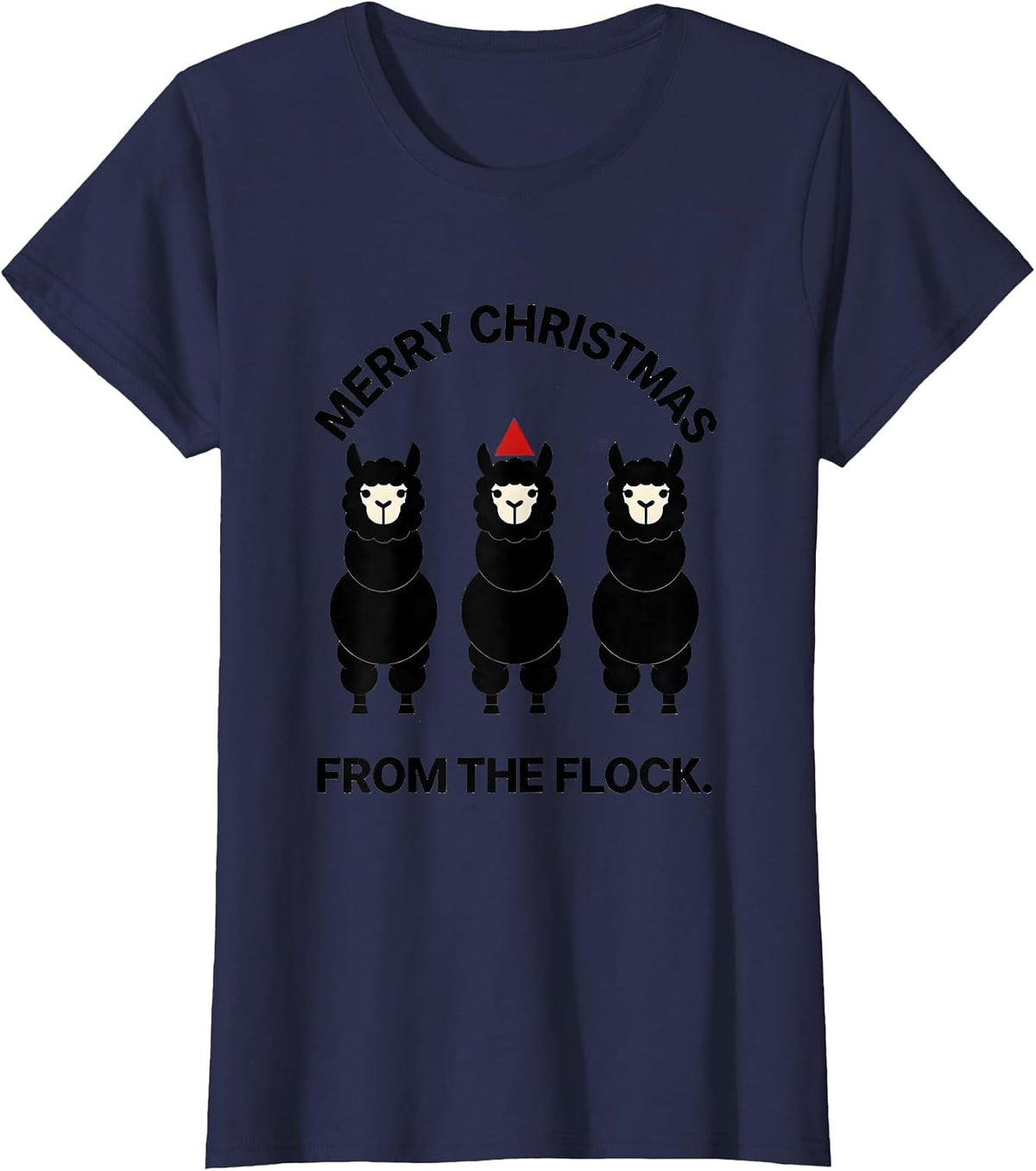 Women's Merry Christmas From The Flock Funny Llama Christmas Pun T-Shirt - Navy Blue