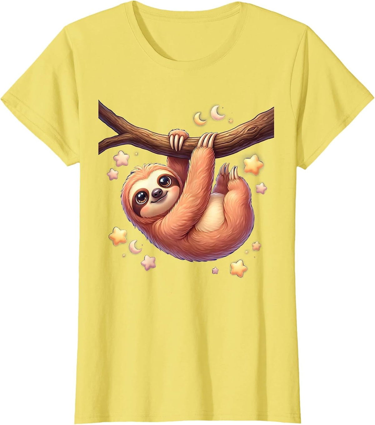 Women's Sloth Hanging From Branch Under Starry Night Sky T-Shirt - Lemon Yellow