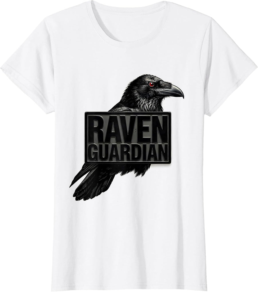 Women's Raven Guardian Gothic Nature Bird Lover Dark Whimsical Art T-Shirt - White