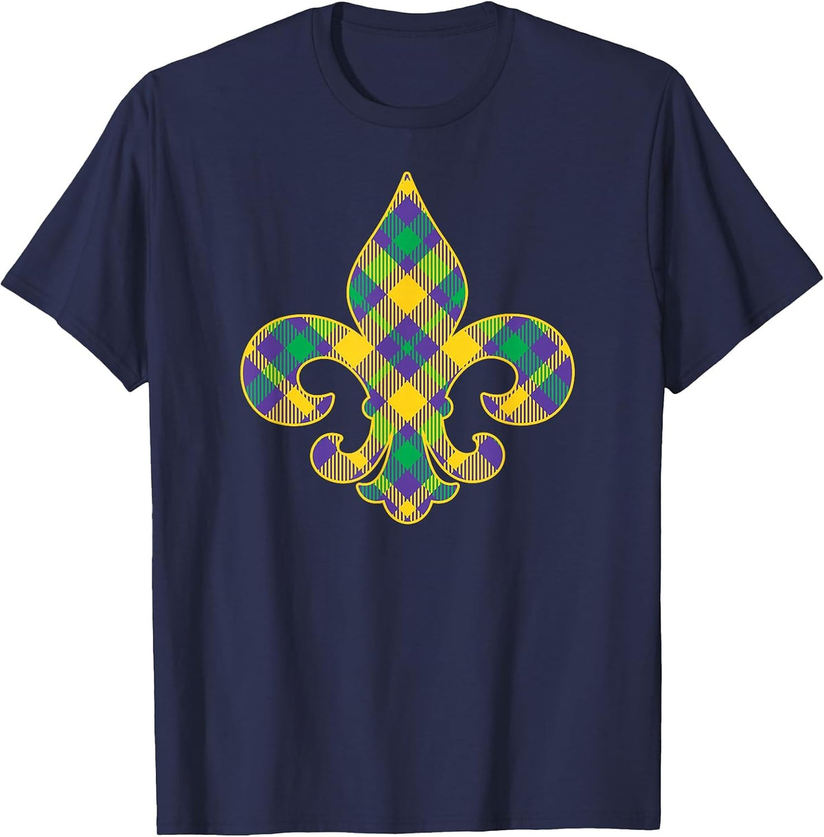 Plaid Mardi Gras Fleur De LYS Symbol T-Shirt - Navy Blue