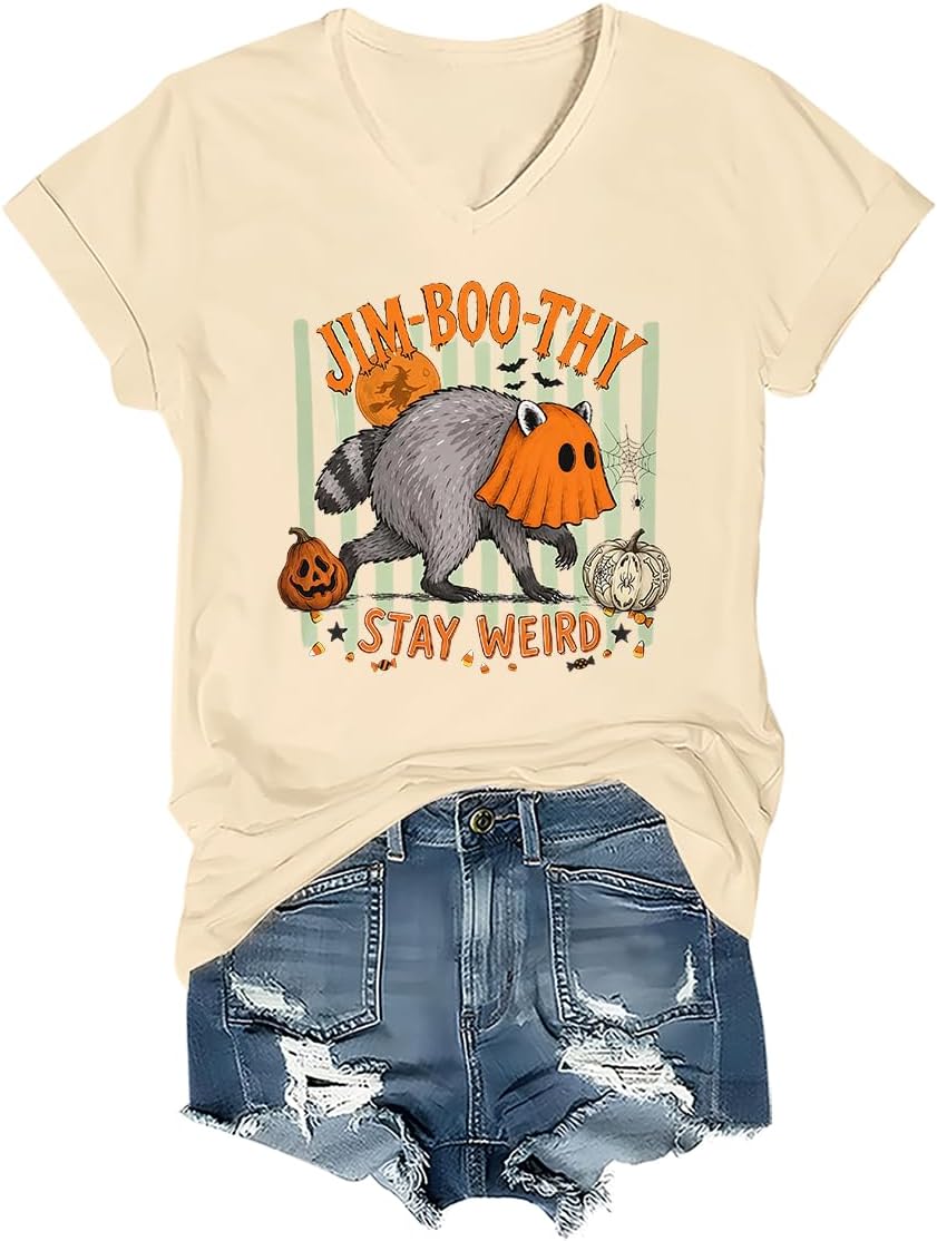 Jim-Boo-Thy Shirt, Jimothy Raccoon Halloween Viral Trash Panda Tee - V-Neck Creamy Yellow-vt-1
