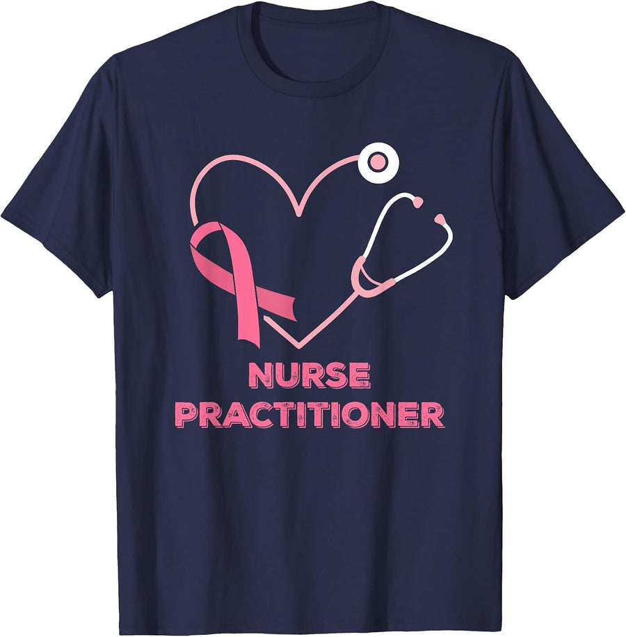 Nurse Practitioner Pink Heart Stethoscope Breast Cancer T-Shirt - Navy Blue