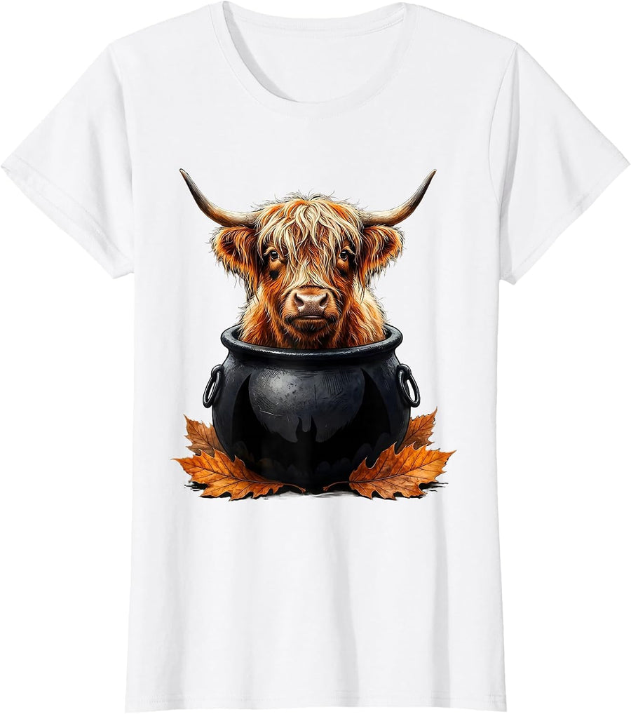 Women's Shaggy Highland Cow Witch Cauldron Halloween Costume Humor T-Shirt - White