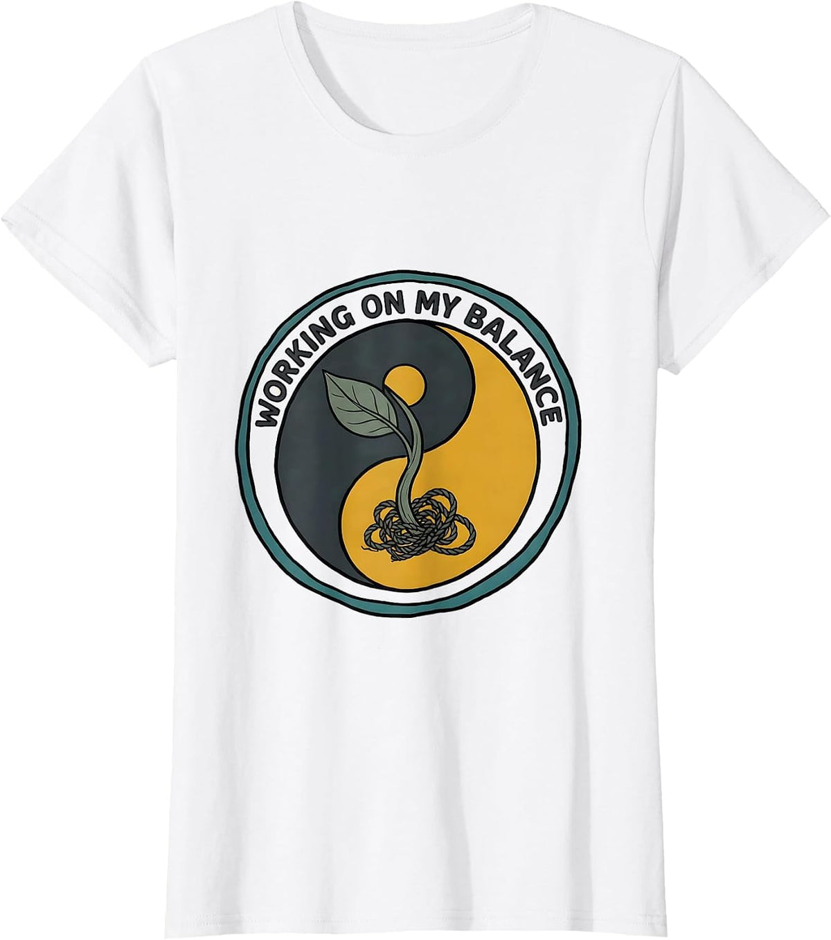 Women's Working On My Balance Midcentury Modern Yin Yang Tai Chi T-Shirt - White
