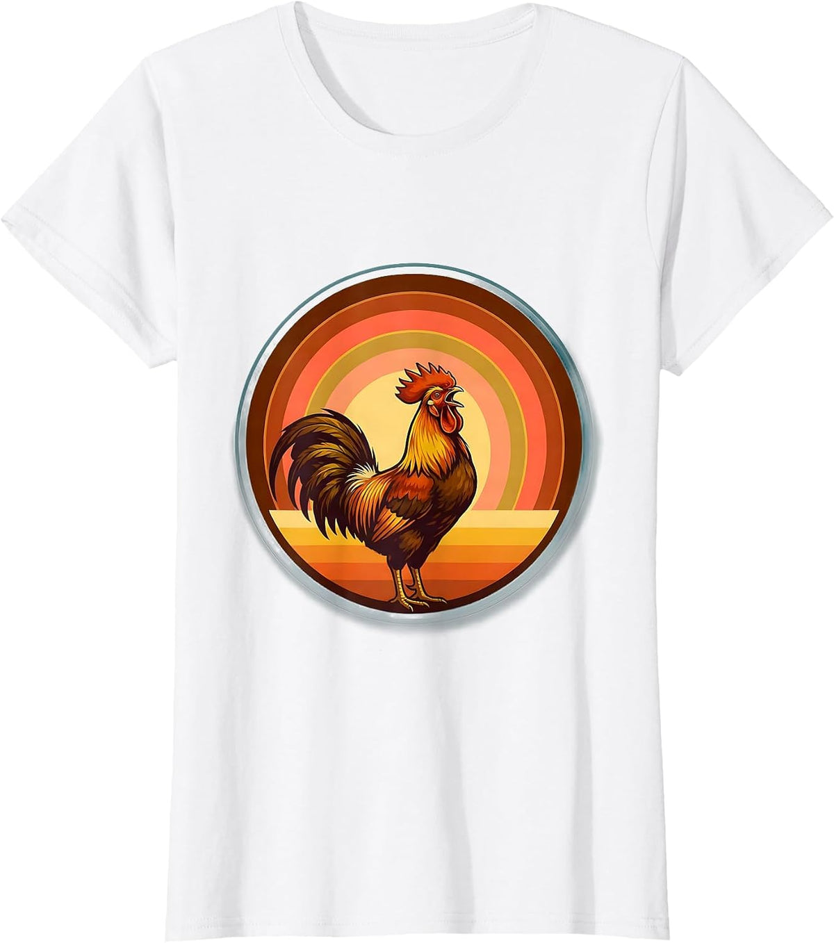Women's Rooster Crowing at Late Sunrise Graphic Design T-Shirt - White