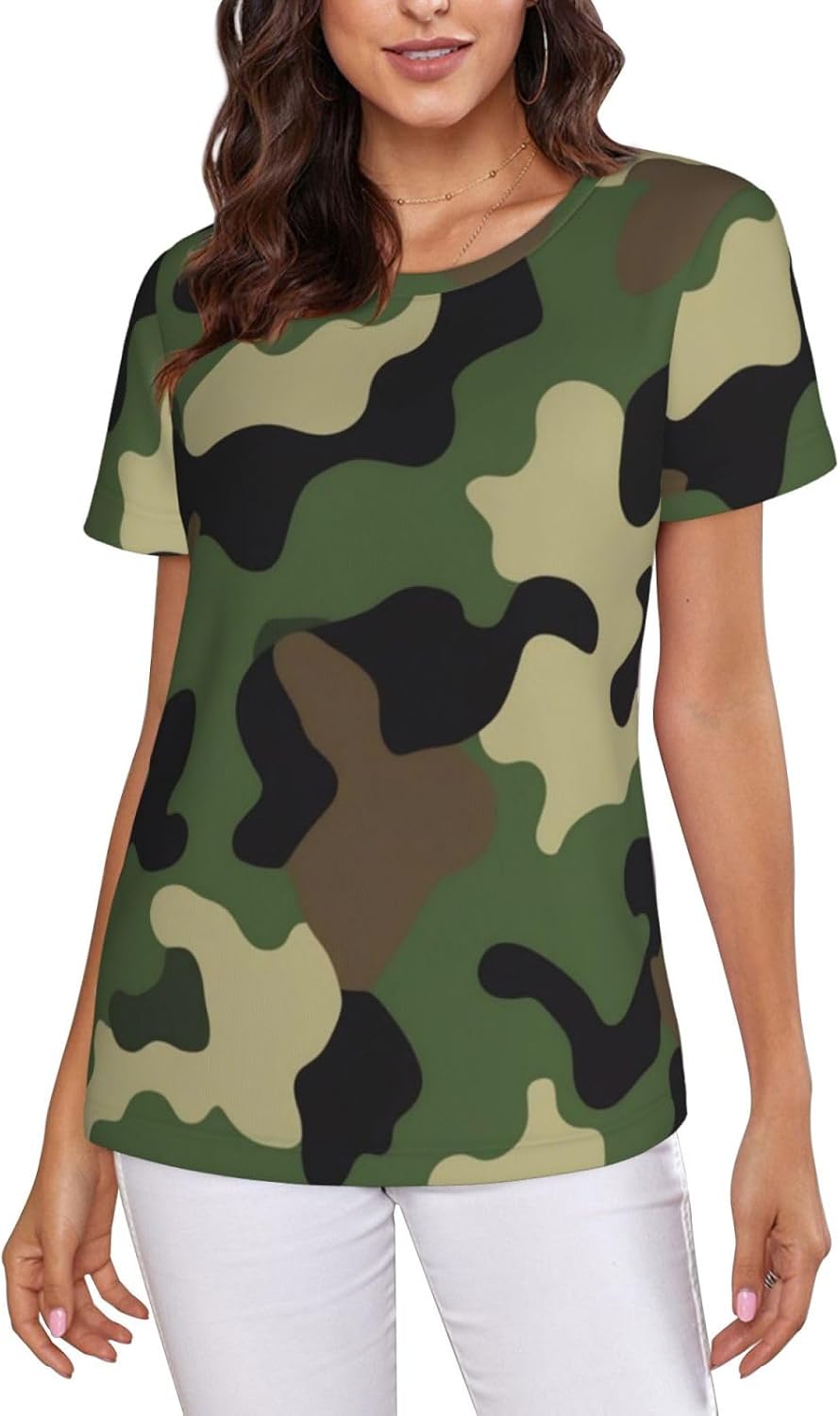 Women's Summer Crew Neck Tops Short Sleeve Full Print Casual Loose Tee - Picture (50)