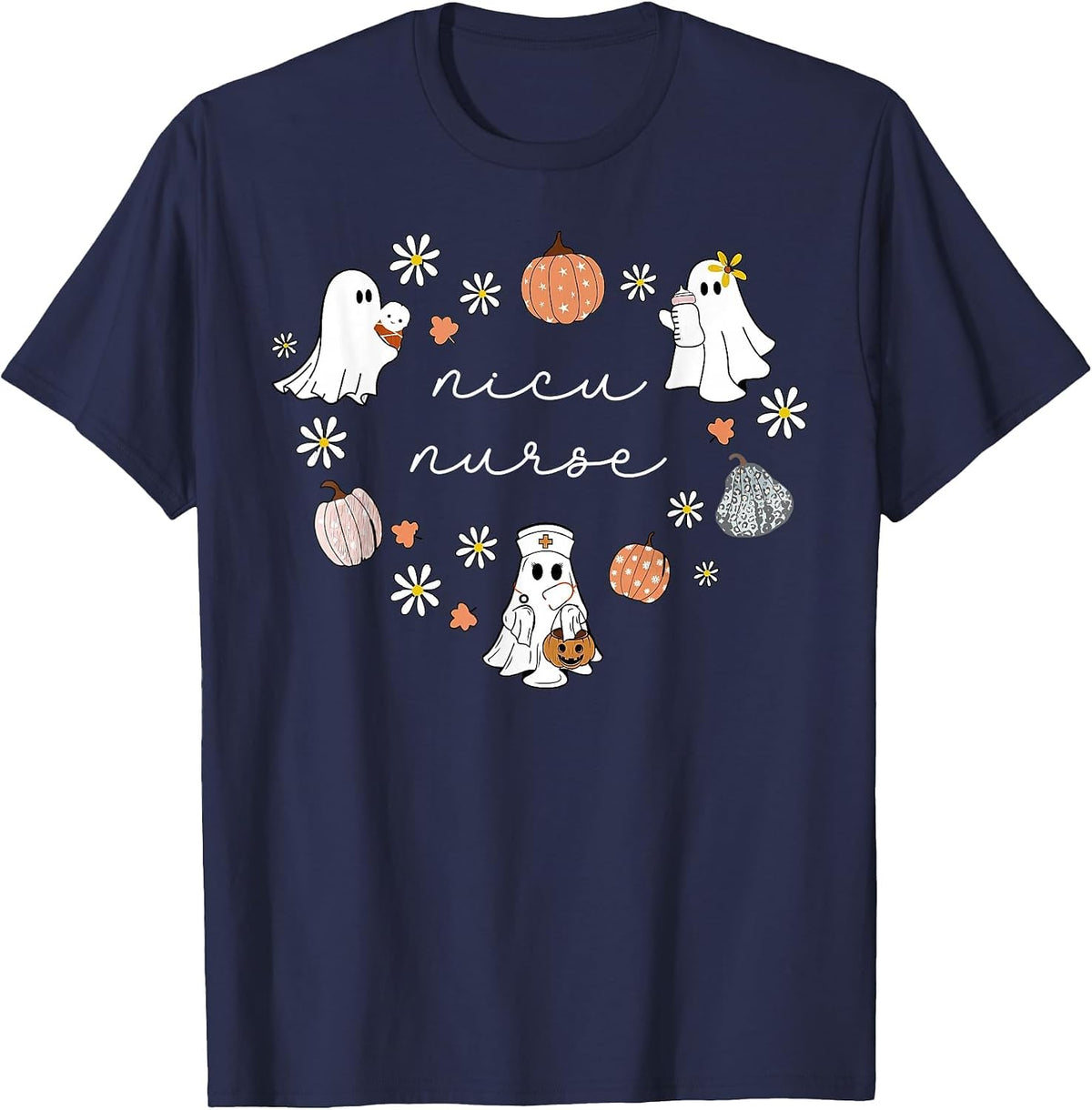 NICU Nurse Halloween Ghosts Pumpkin Floral Fall Neonatal ICU T-Shirt - Navy Blue