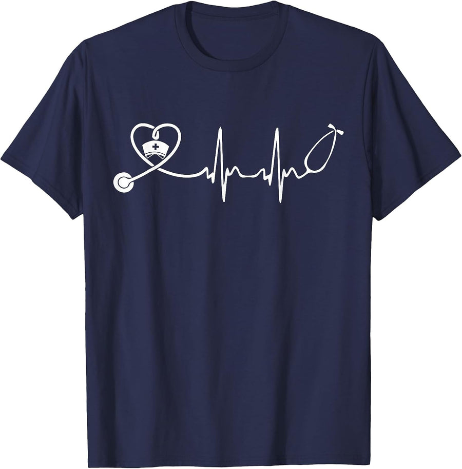 Nurse Stethoscope Heartbeat Nurse Week 2025 T-Shirt - Navy Blue