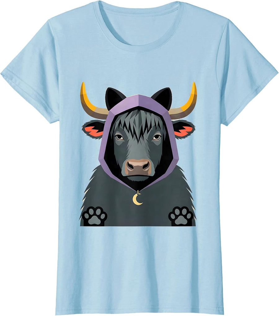Women's Shaggy Highland Cow Cat Ear Costume Halloween Humor T-Shirt - Baby Blue
