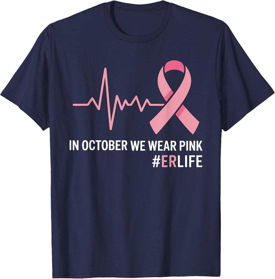 in October We Wear Pink Breast Cancer Awareness ER Nurse T-Shirt - Navy Blue