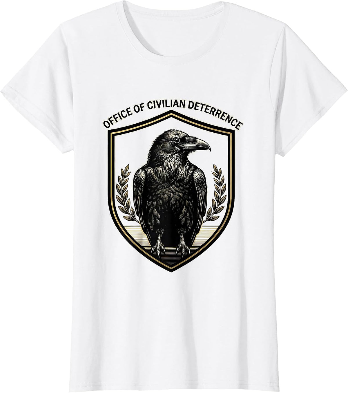 Women's OFFICE OF CIVILIAN DETERRENCE Funny Crow Dark Humor Gothic T-Shirt - White