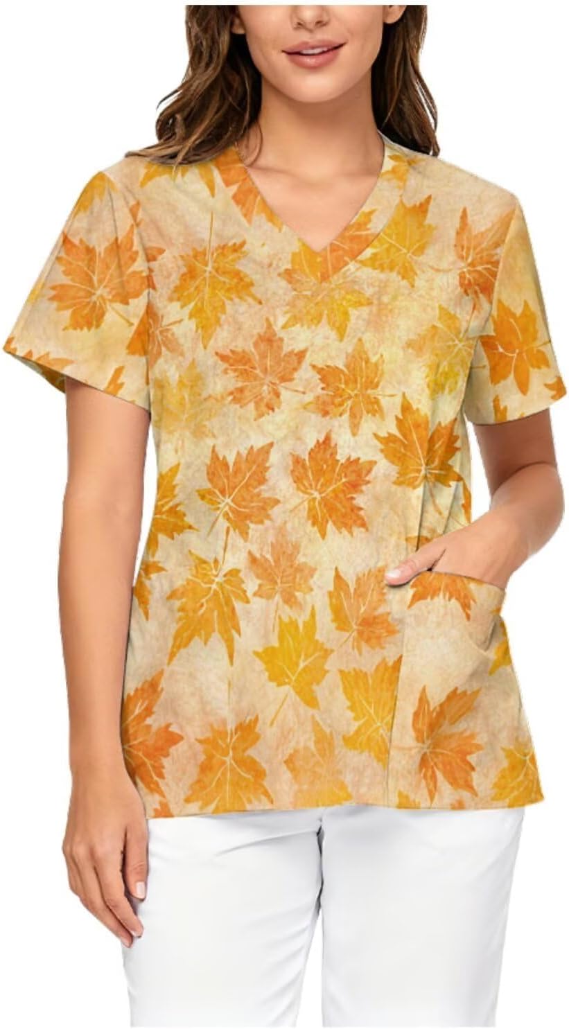 V Neck Scrub Tops Short Sleeve Nursing Uniforms - Maple Leaf