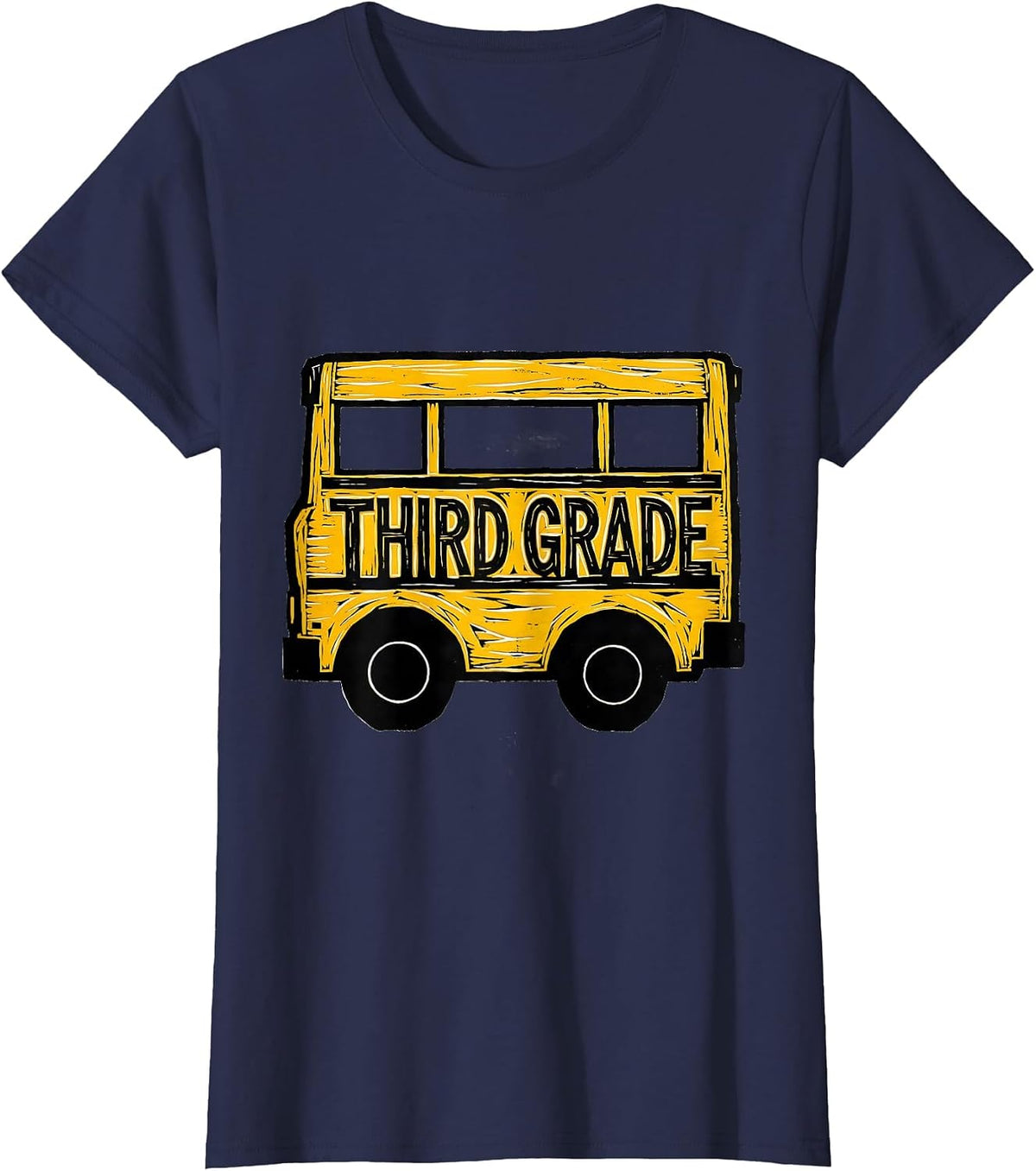 Women's Third Grade Linocut School Bus Teacher Student First Day T-Shirt - Navy Blue