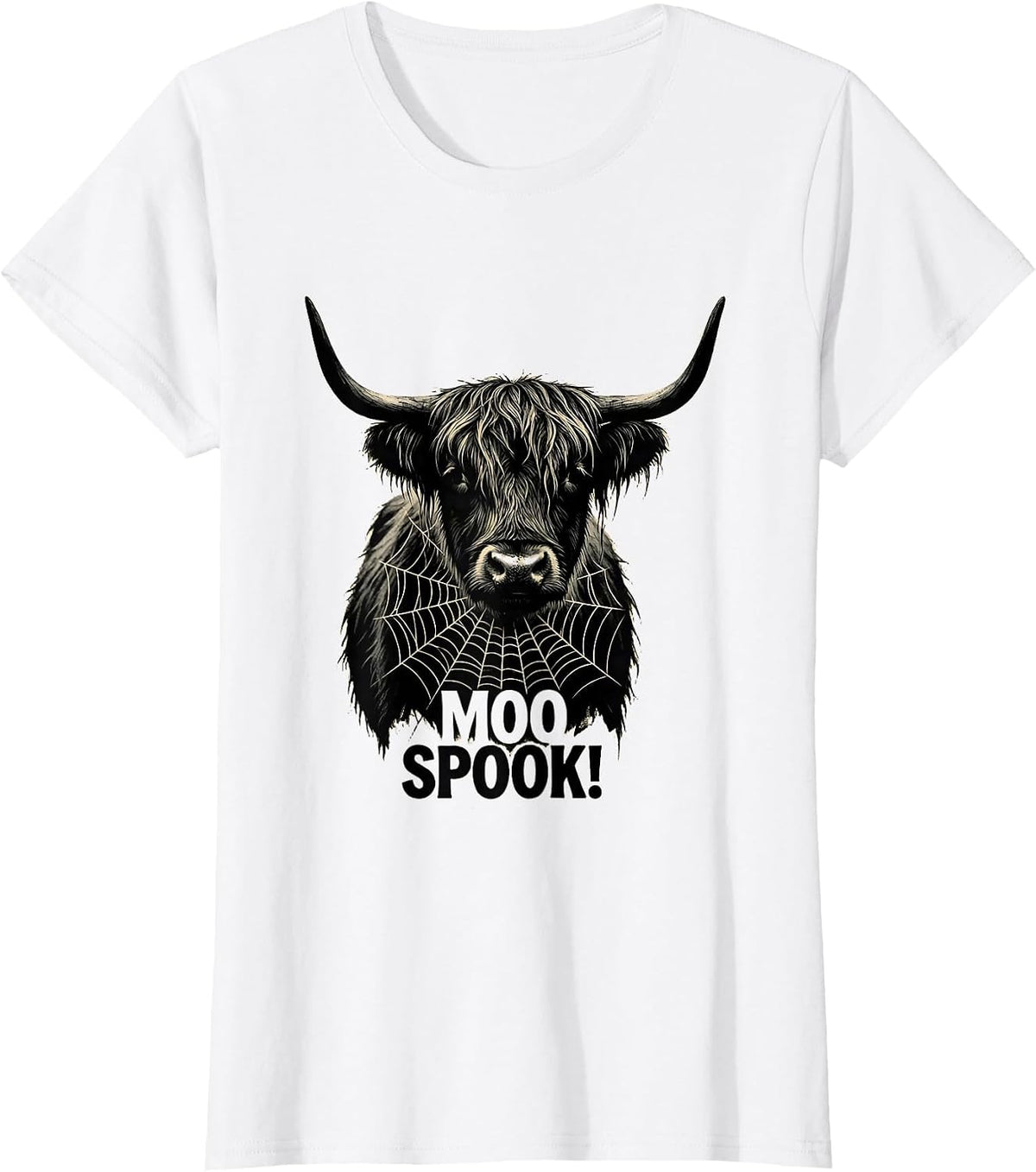 Moo Spook! Whimsical Highland Cow Halloween Humor Novelty T-Shirt - White