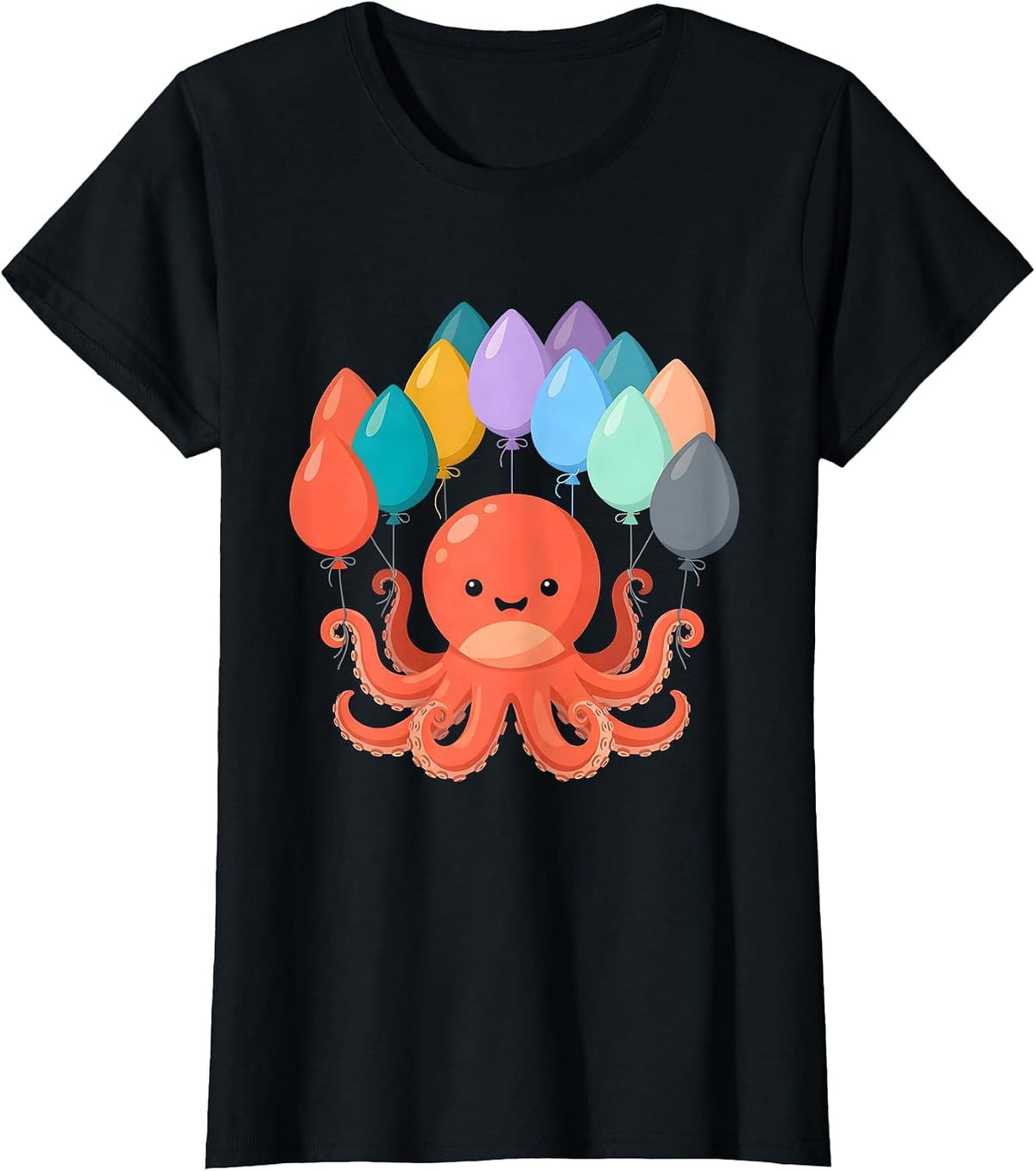 Octopus Birthday Balloon Celebration Graphic T-Shirt - Black