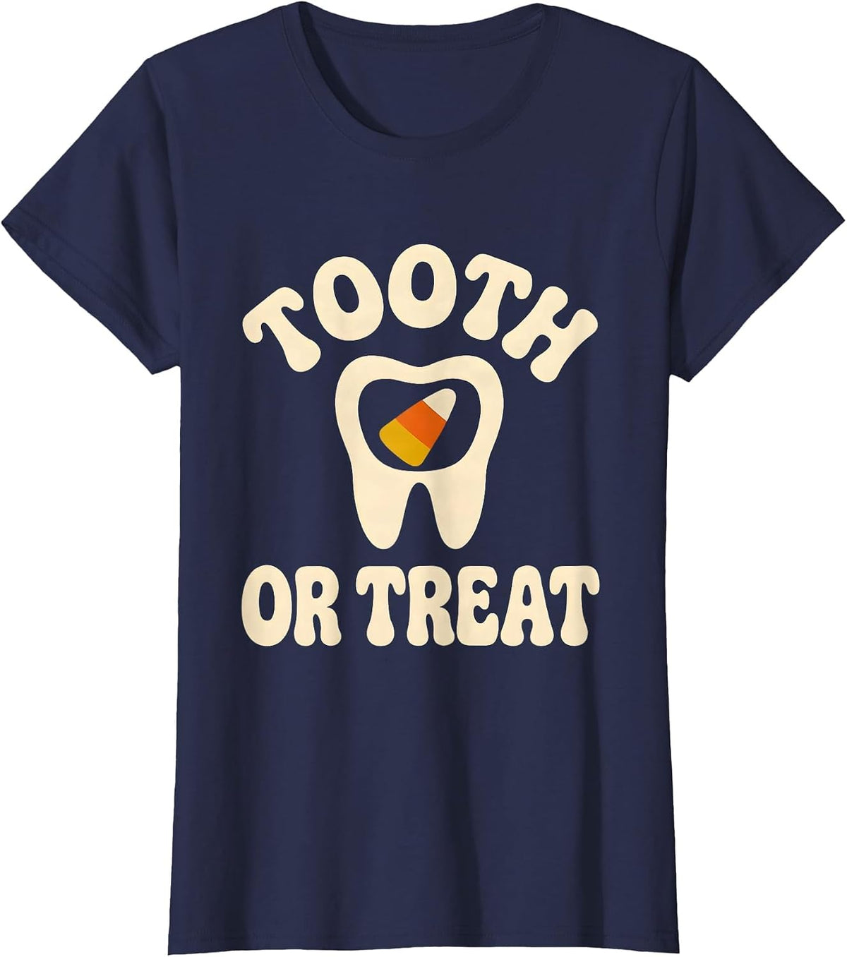 Women's Tooth Or Treat Retro 70s Halloween Dentist Costume Humor T-Shirt - Navy Blue