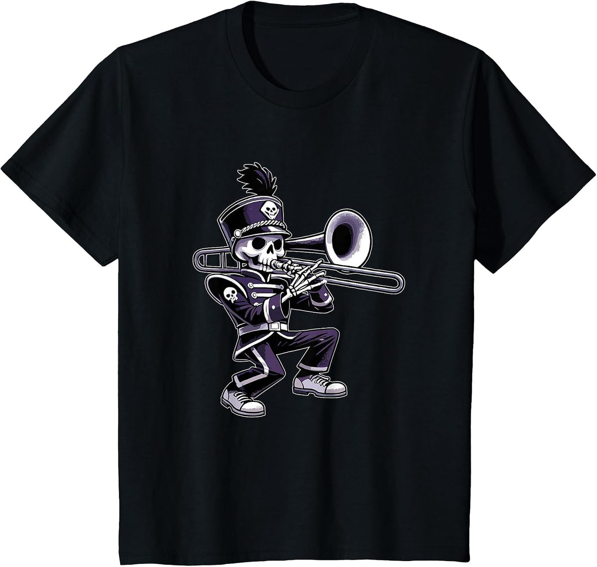 Halloween Skeleton School Marching Band Trombone Player T-Shirt - Black