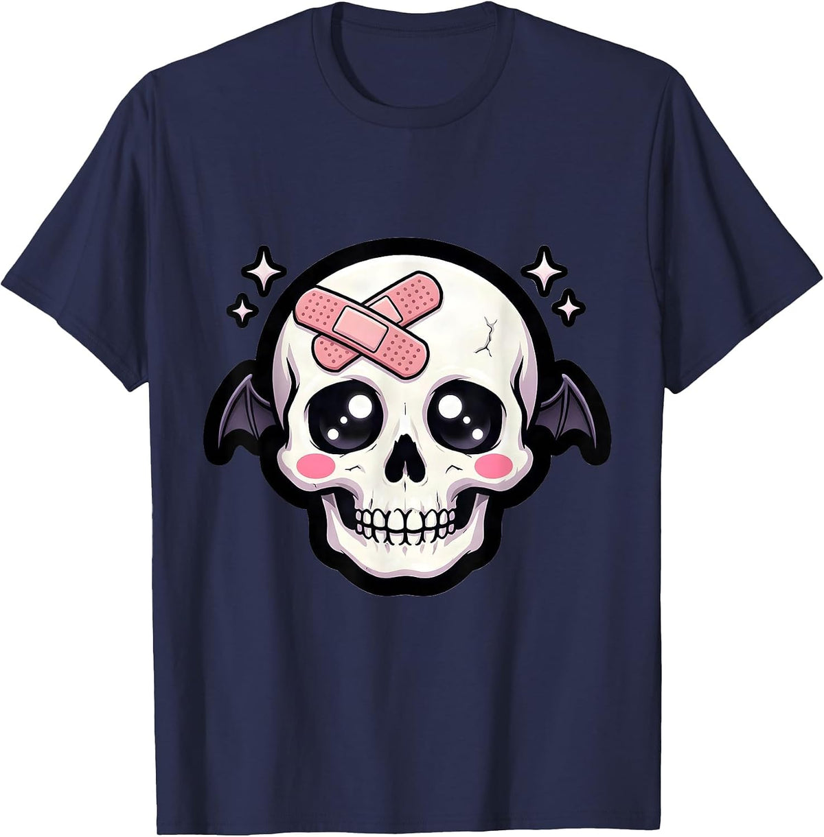 Smiling Skull with Band-Aid Graphic Tee T-Shirt - Navy Blue