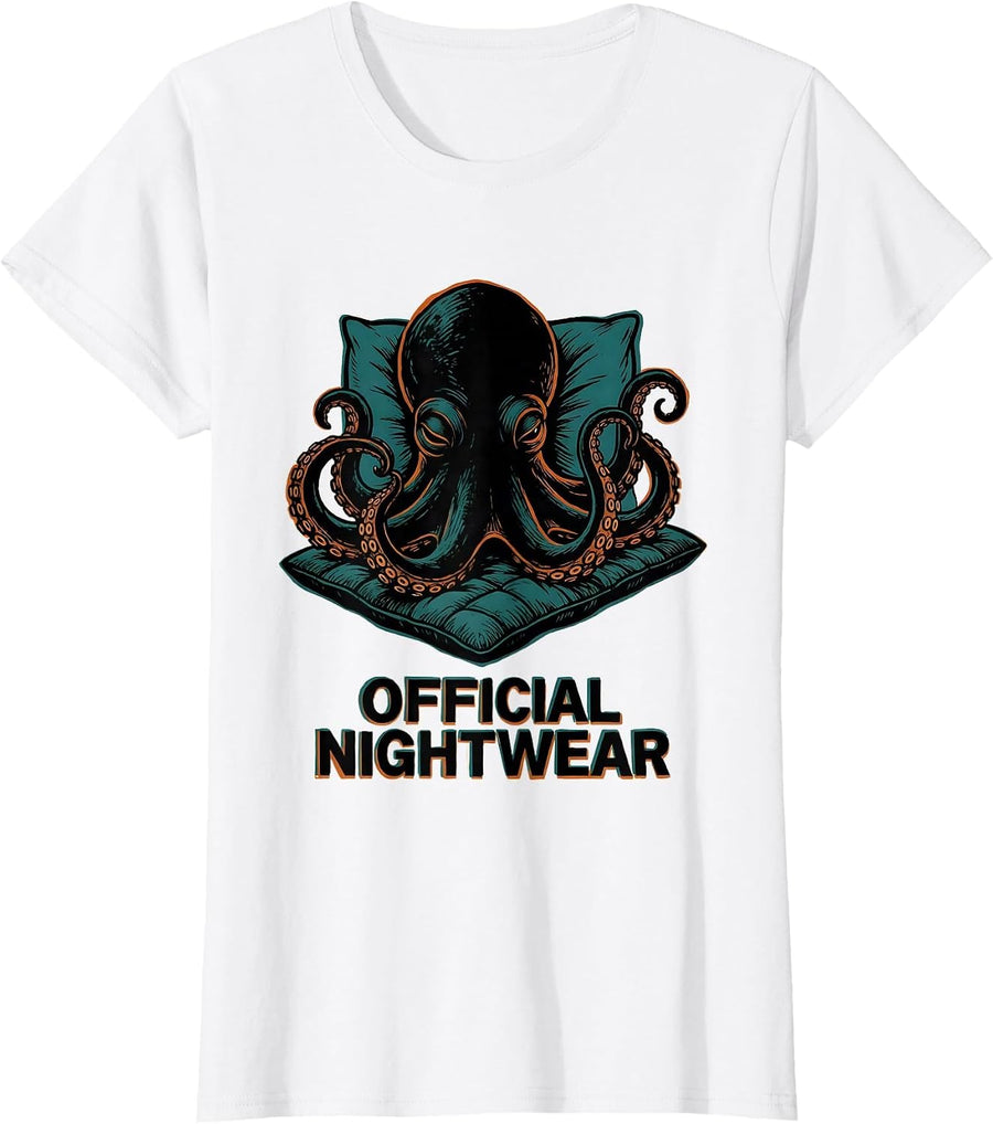 Women's Official Nightwear Sleeping Octopus Animal Humor Pajama T-Shirt - White