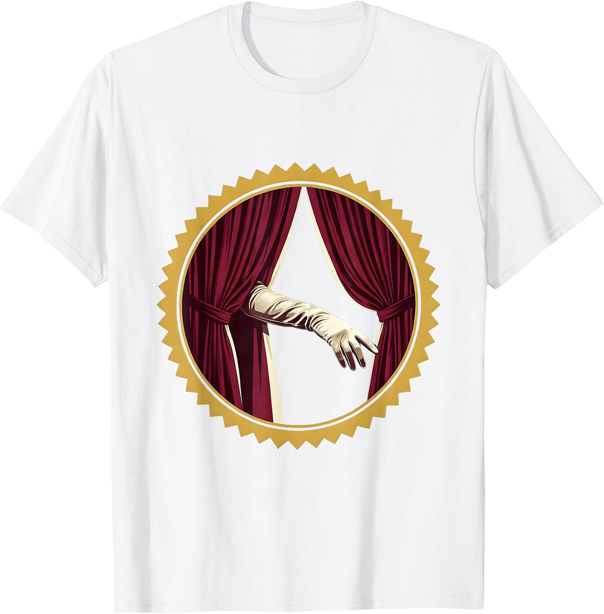 Men's Showgirl Gloved Hand Behind Curtain Graphic T-Shirt - White