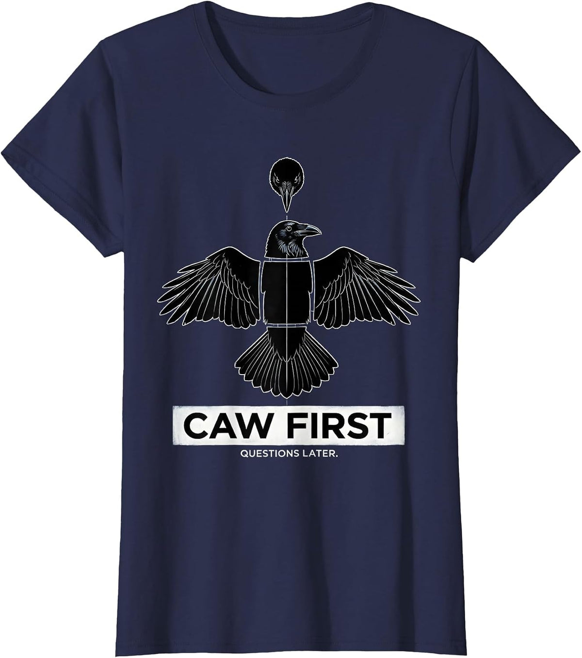 Women's Caw First Questions Later Funny Crow Design T-Shirt - Navy Blue