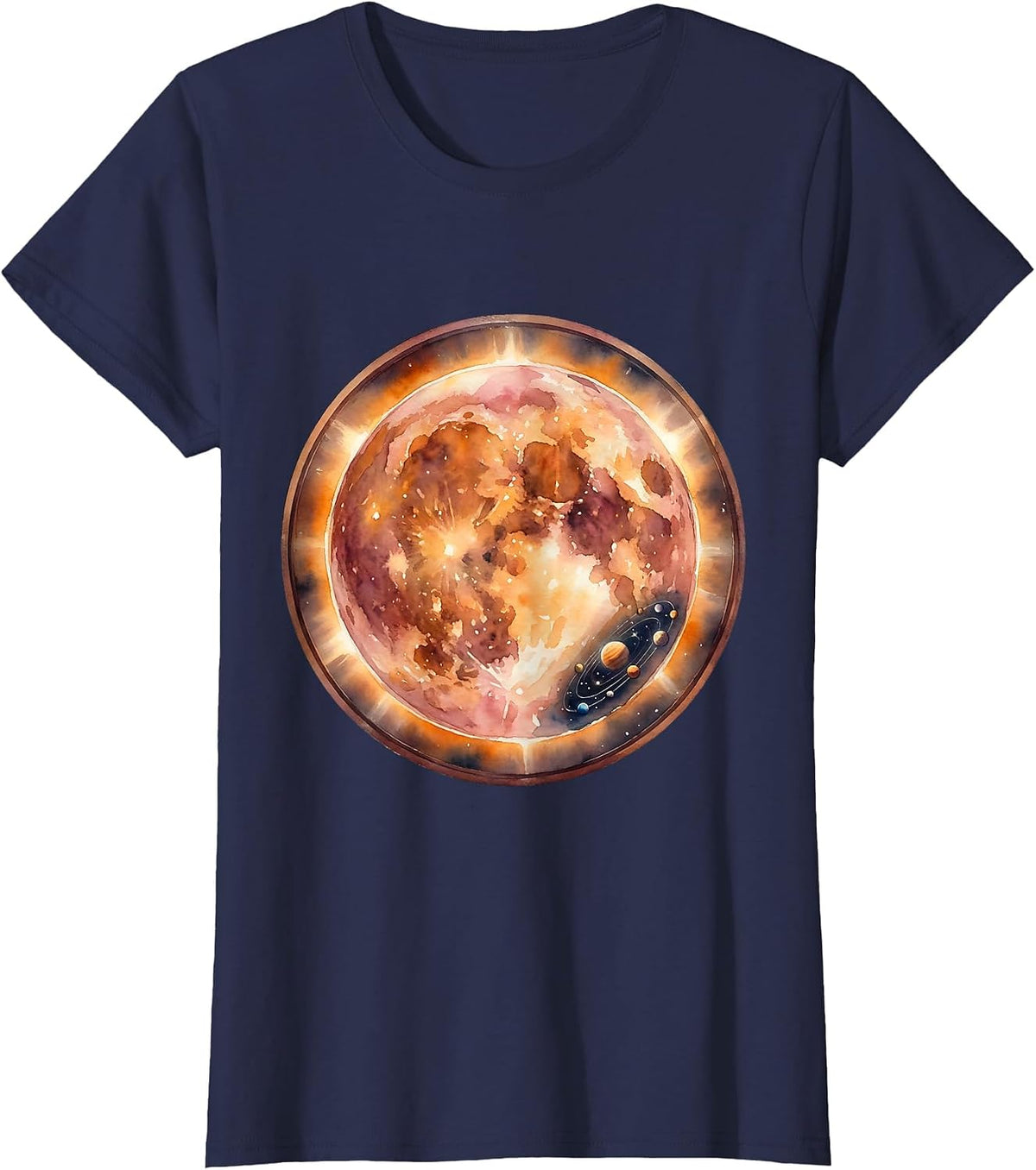 Women's Giant Star Dwarfing Tiny Solar System Illustration T-Shirt - Navy Blue
