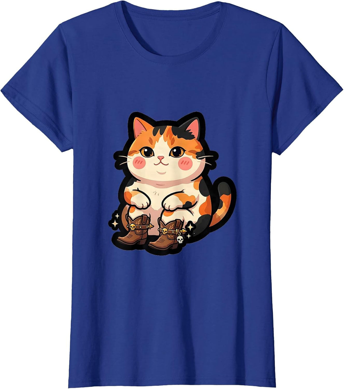 Women's Meowboys Calico Cat Cowboy Boots Spurs Porch T-Shirt - Royal Blue