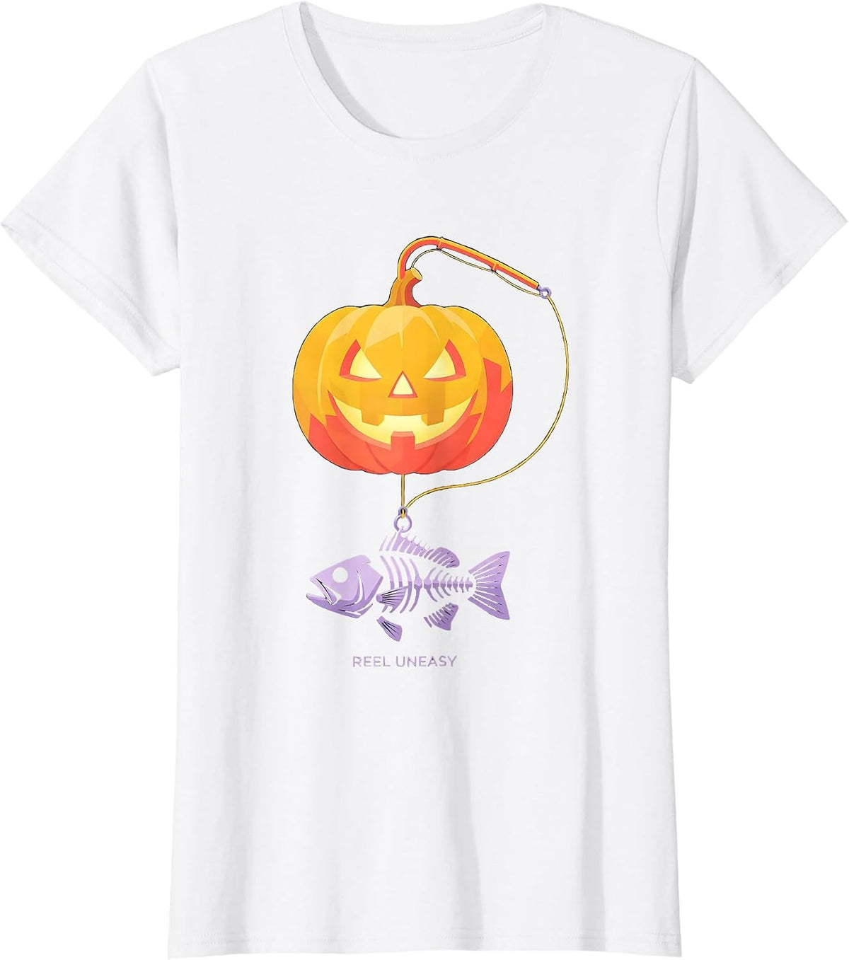 Reel Uneasy Flat Vector Spooky Halloween Fishing Gift T-Shirt - White