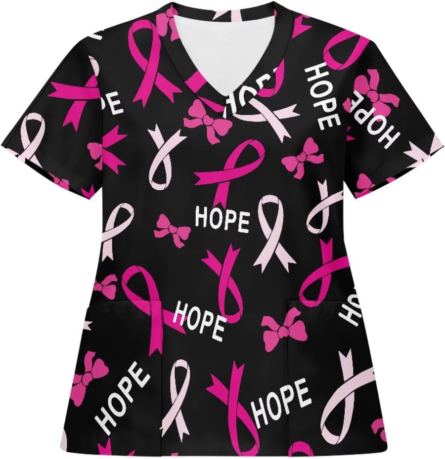 Ribbon Scrub Top for Women | V Neck Short Sleeve with Pockets Stretchy Loose Fit - Black Pink Ribbon & Hope Text Print