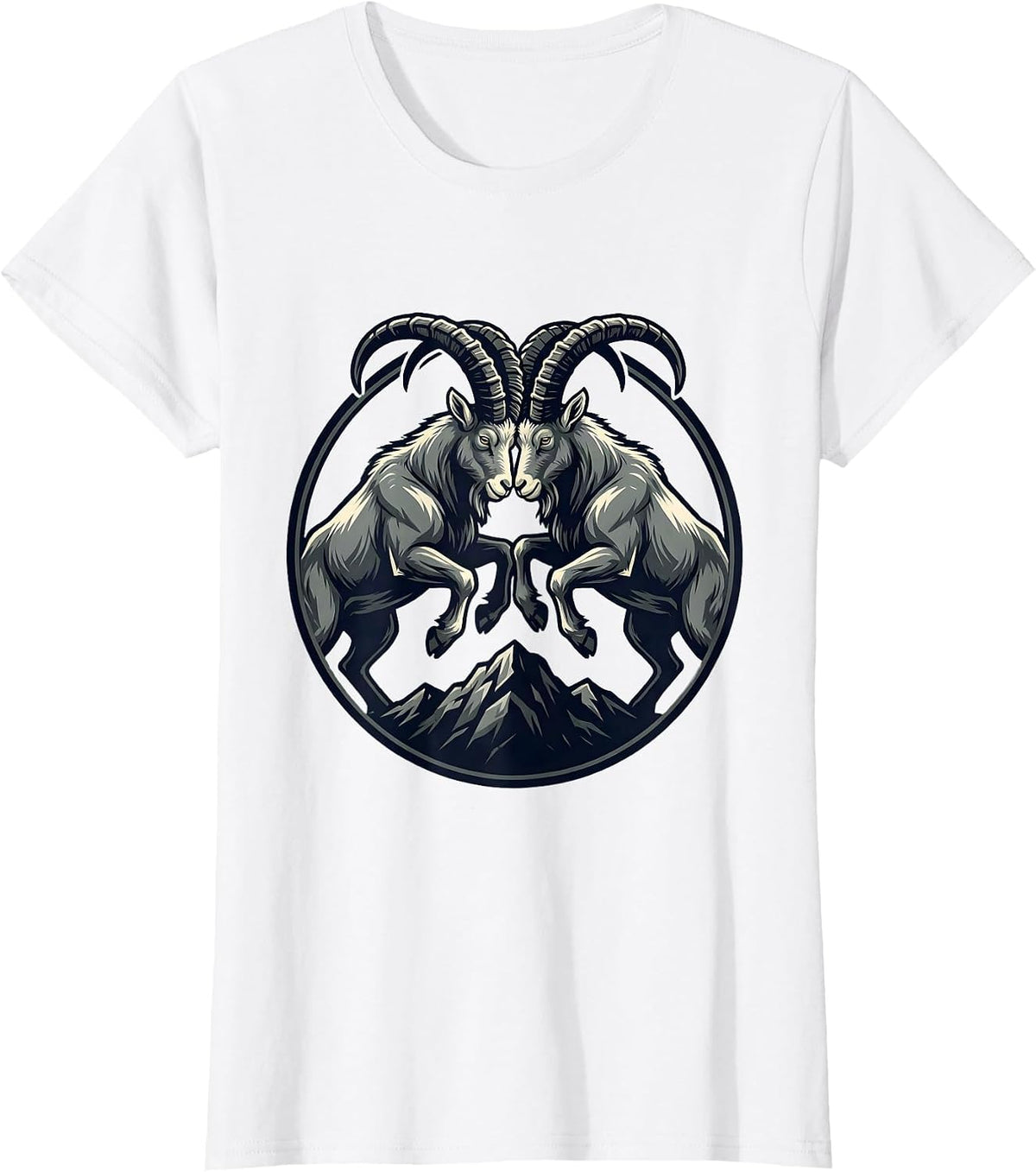 Women's Two Goats Clashing Horns on a Hilltop Graphic T-Shirt - White