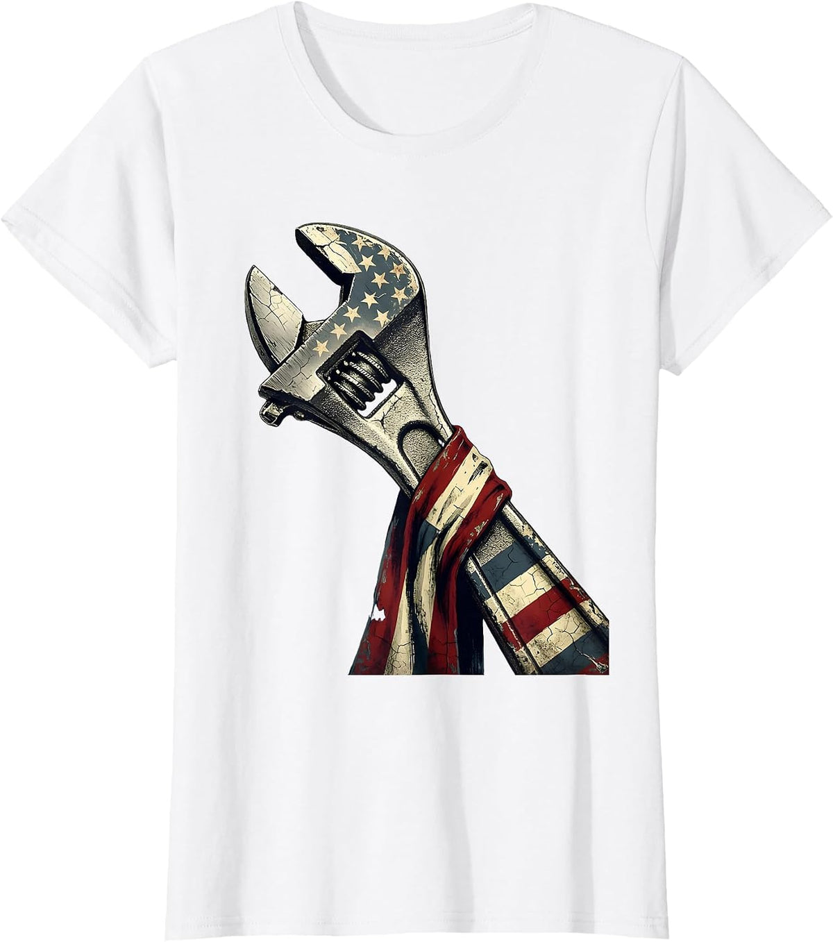 Labor Day American Flag Giant Wrench Graphic T-Shirt - White
