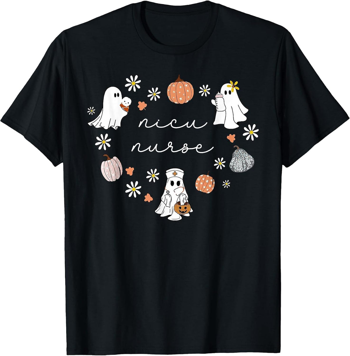 NICU Nurse Halloween Ghosts Pumpkin Floral Fall Neonatal ICU T-Shirt - Black