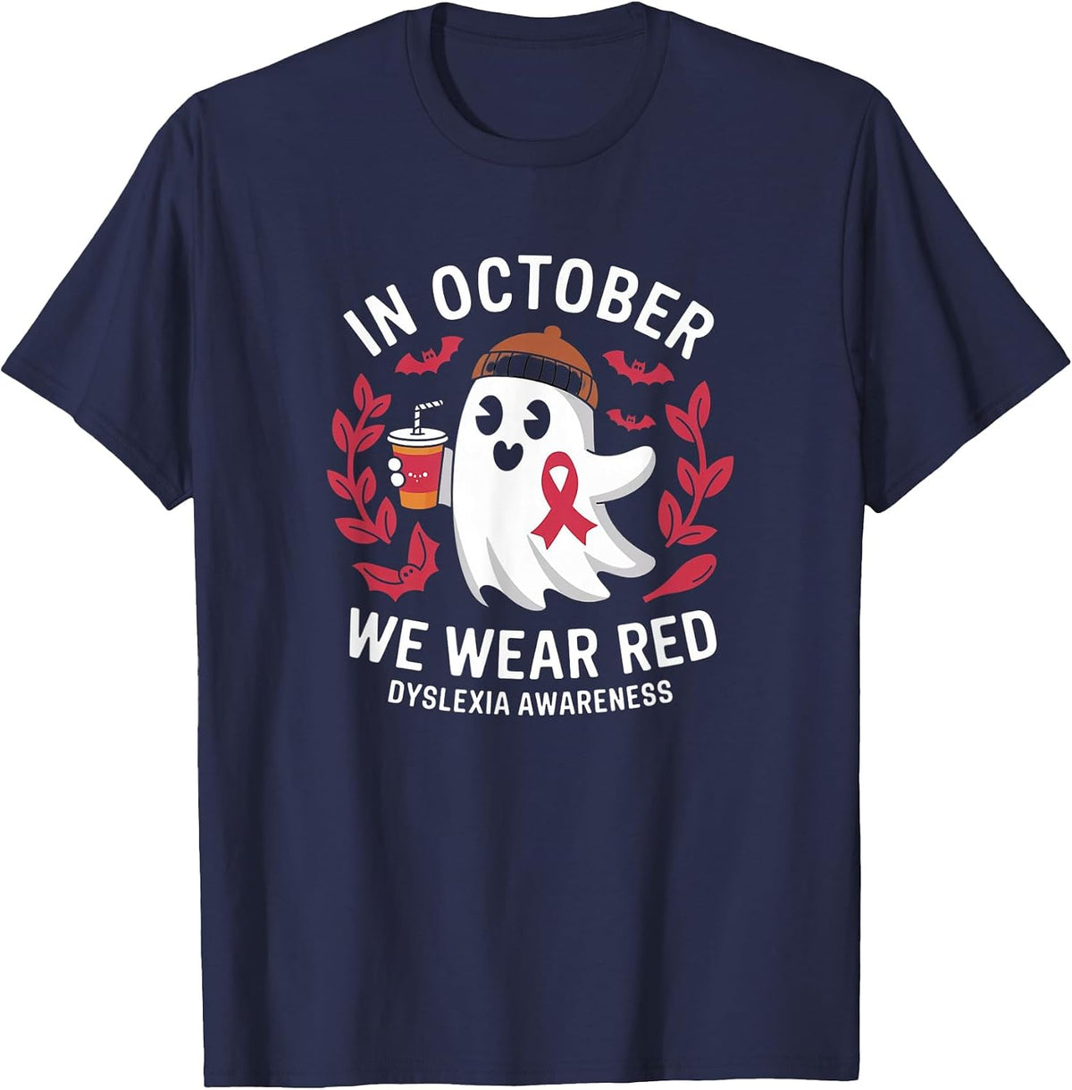 in October We Wear Red Dyslexia Awareness T-Shirt - Navy Blue