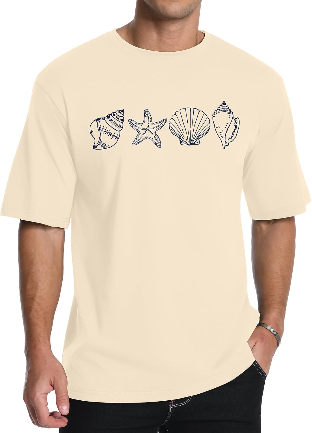 Aiyino Men's Seashell Beach Starfish Coastal 100% Cotton Graphic Tee - Apricot
