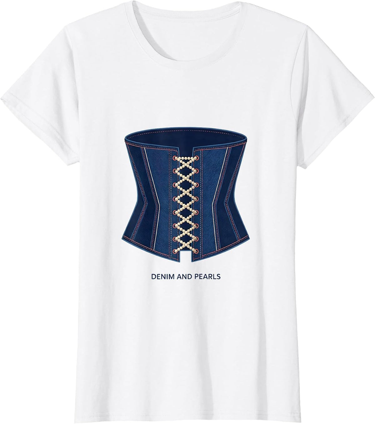 Women's Denim And Pearls Glam Vintage Ladylike Fashion Gift T-Shirt - White