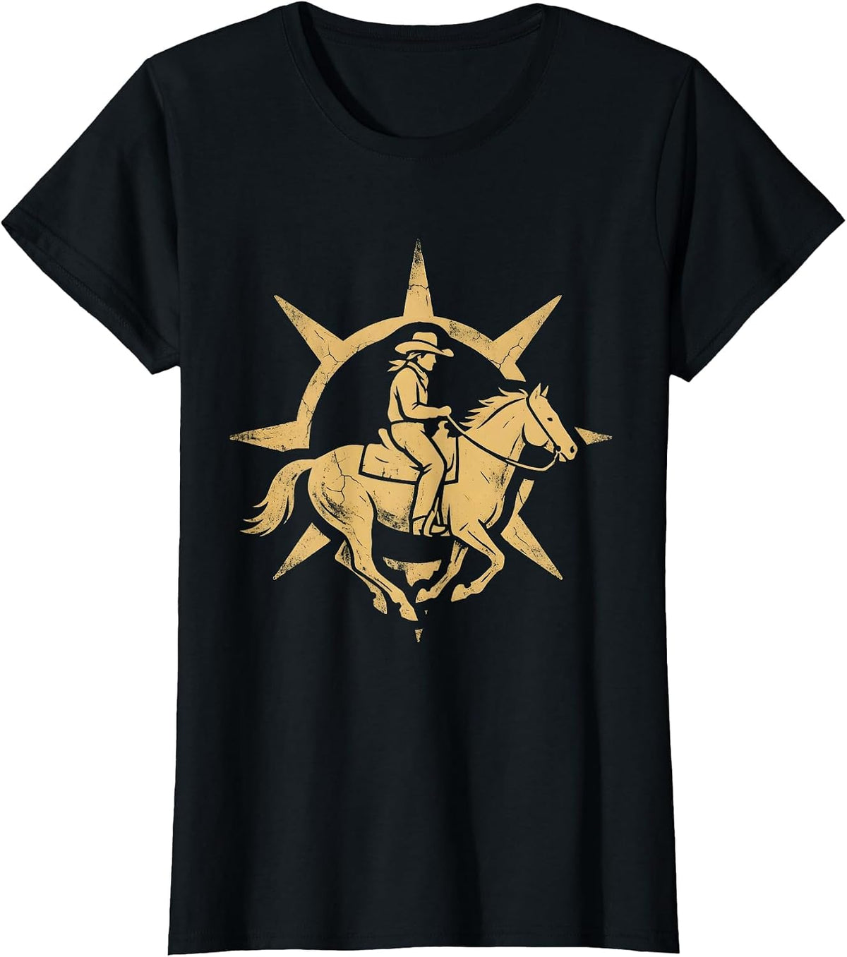 Cowgirl Riding Horse at Sunset Western Design T-Shirt - Black