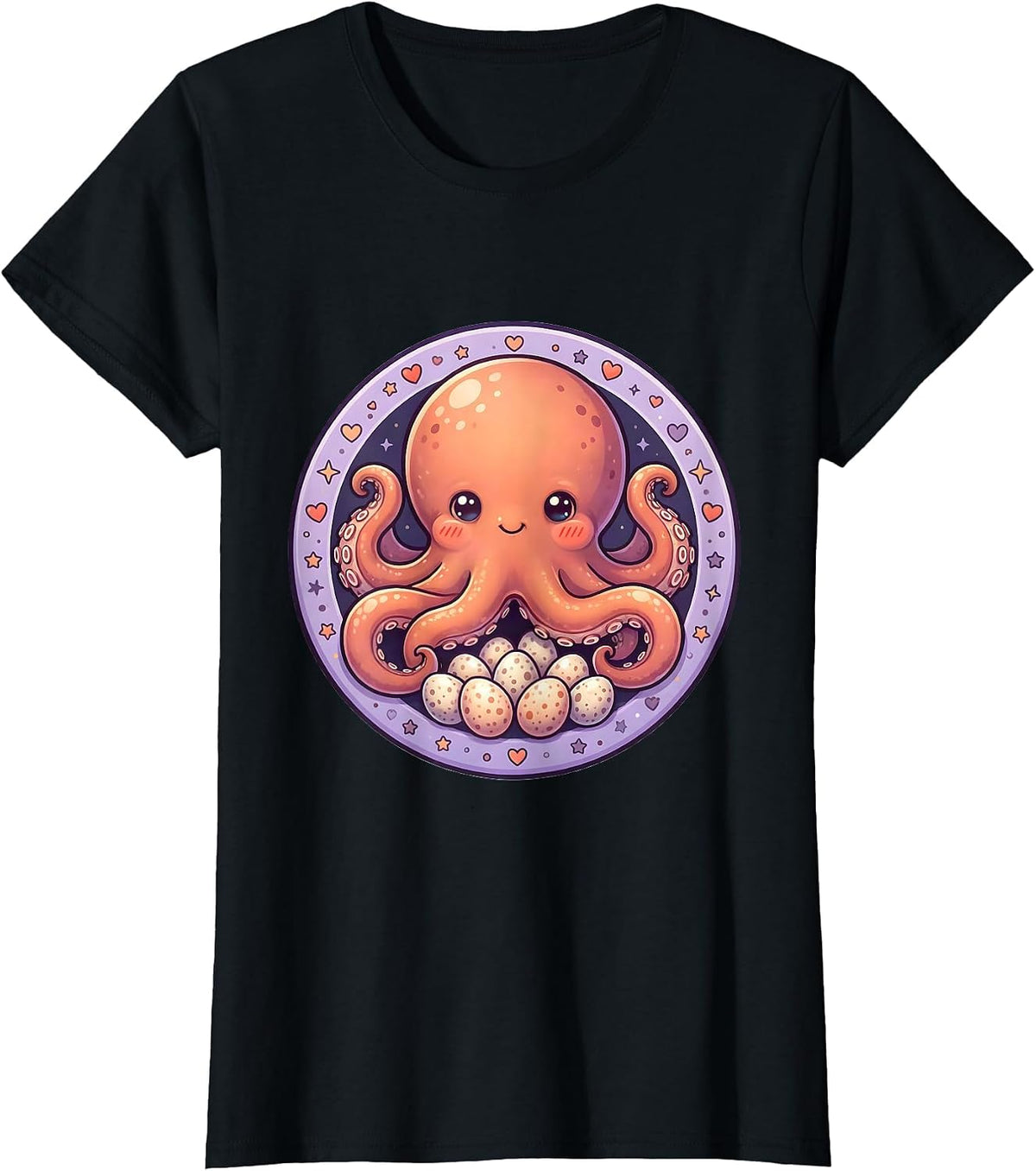 Mother Octopus Guarding Eggs Illustration T-Shirt - Black