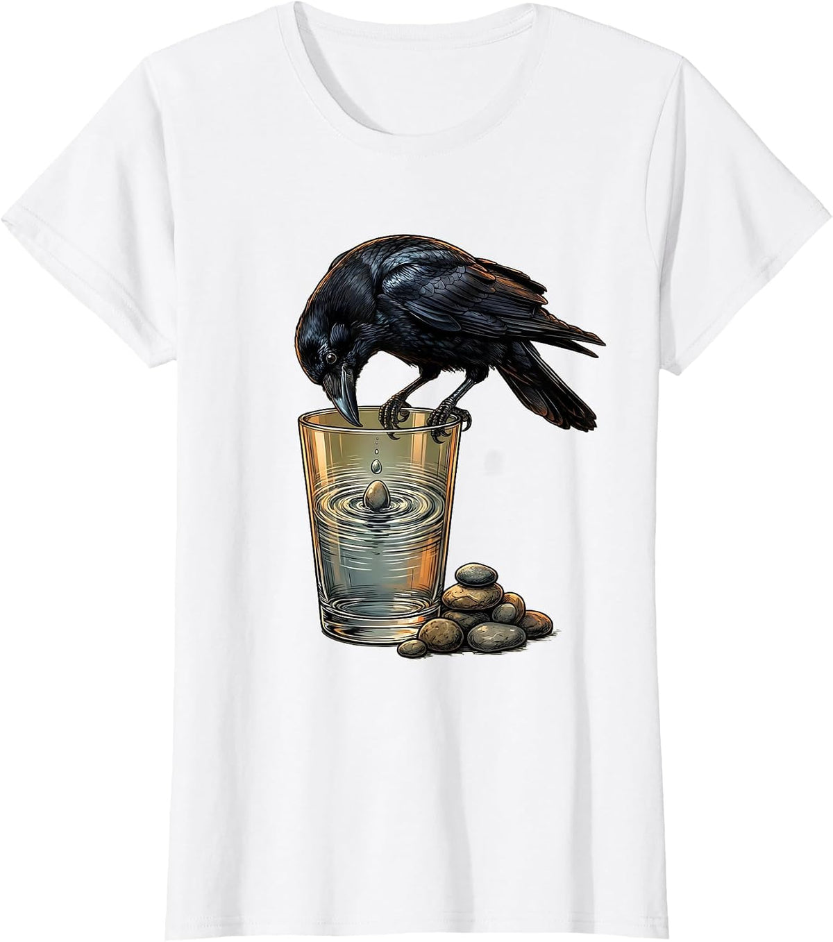 Crow Dropping Stone Into Glass Illustration T-Shirt - White