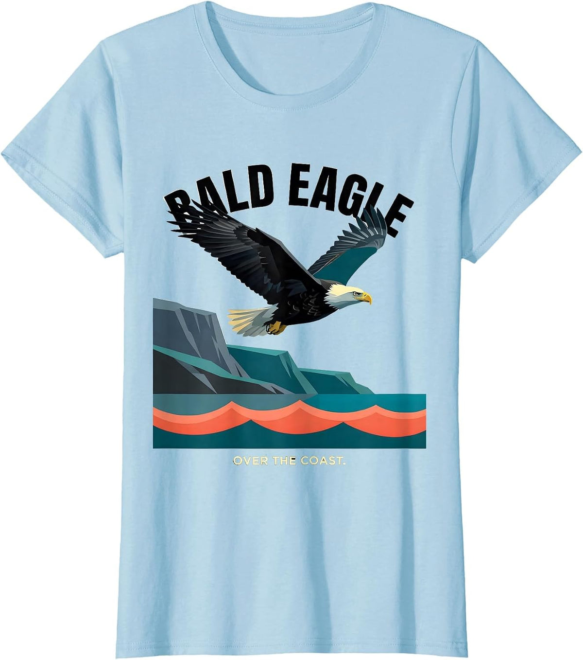 Bald Eagle Over The Coast Flat Vector Nature Wildlife T-Shirt - Baby Blue