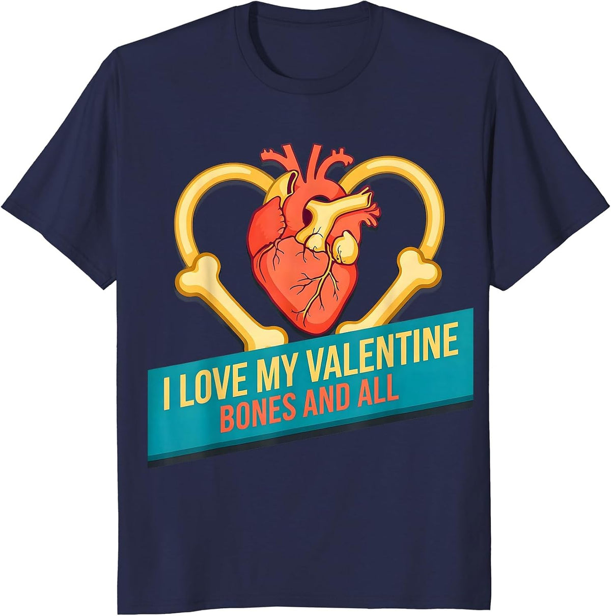 Men's I Love My Valentine, Bones And All Gothic Skeleton Romance T-Shirt - Navy Blue