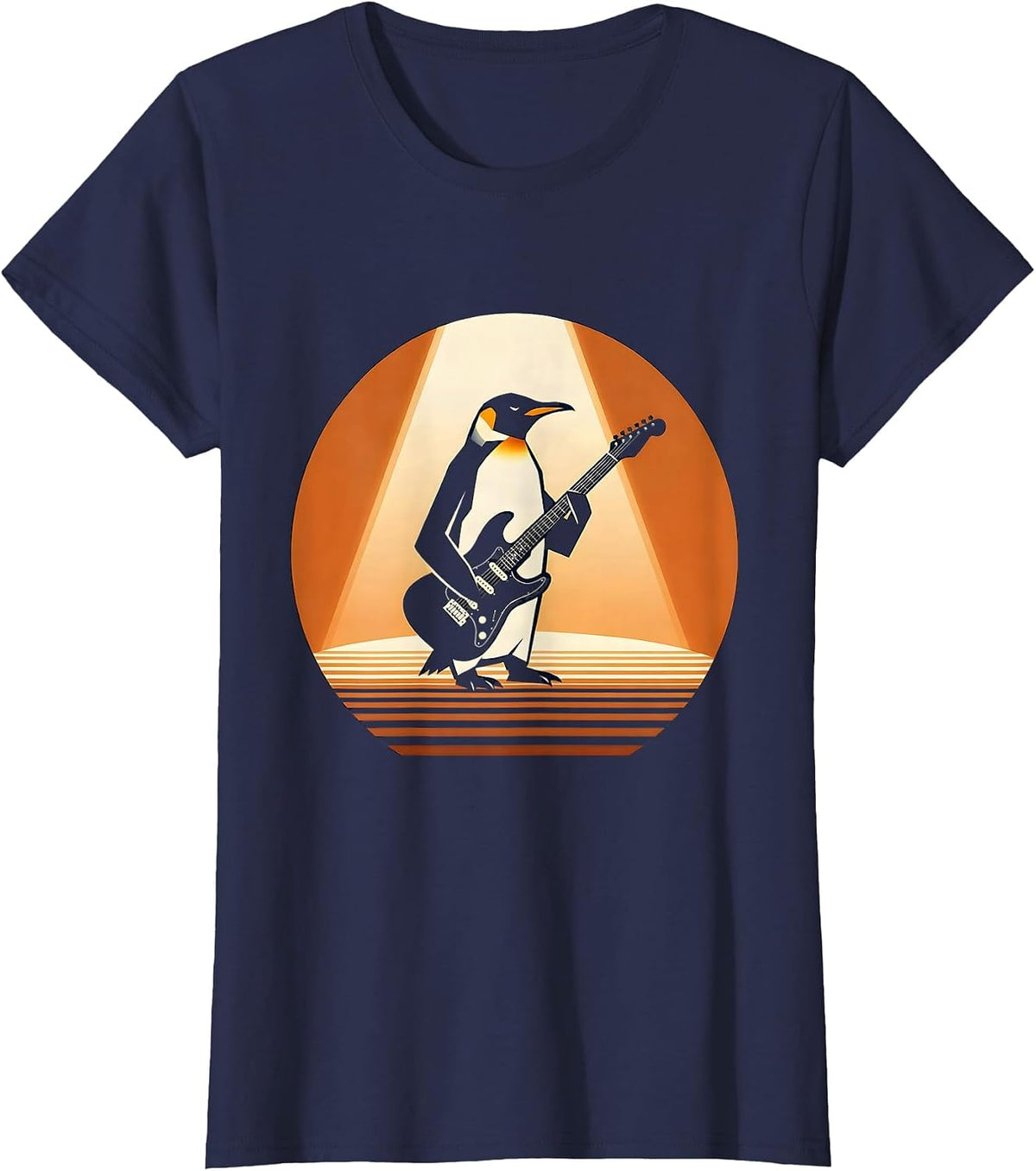 Women's Penguin Rock Star Electric Guitar Stage Design T-Shirt - Navy Blue
