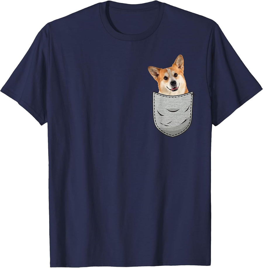 Welsh Corgi Pembroke Chest Pocket for Dog Owners T-Shirt - Navy Blue