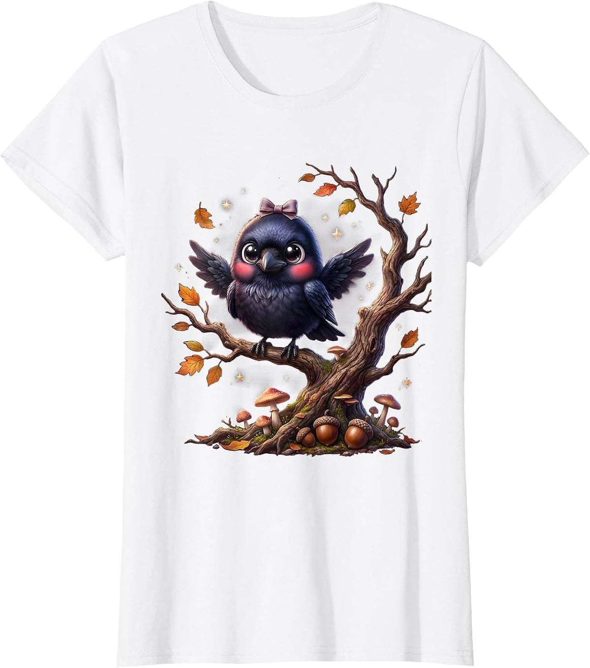 Raven on Autumn Branch Halloween Graphic T-Shirt - White